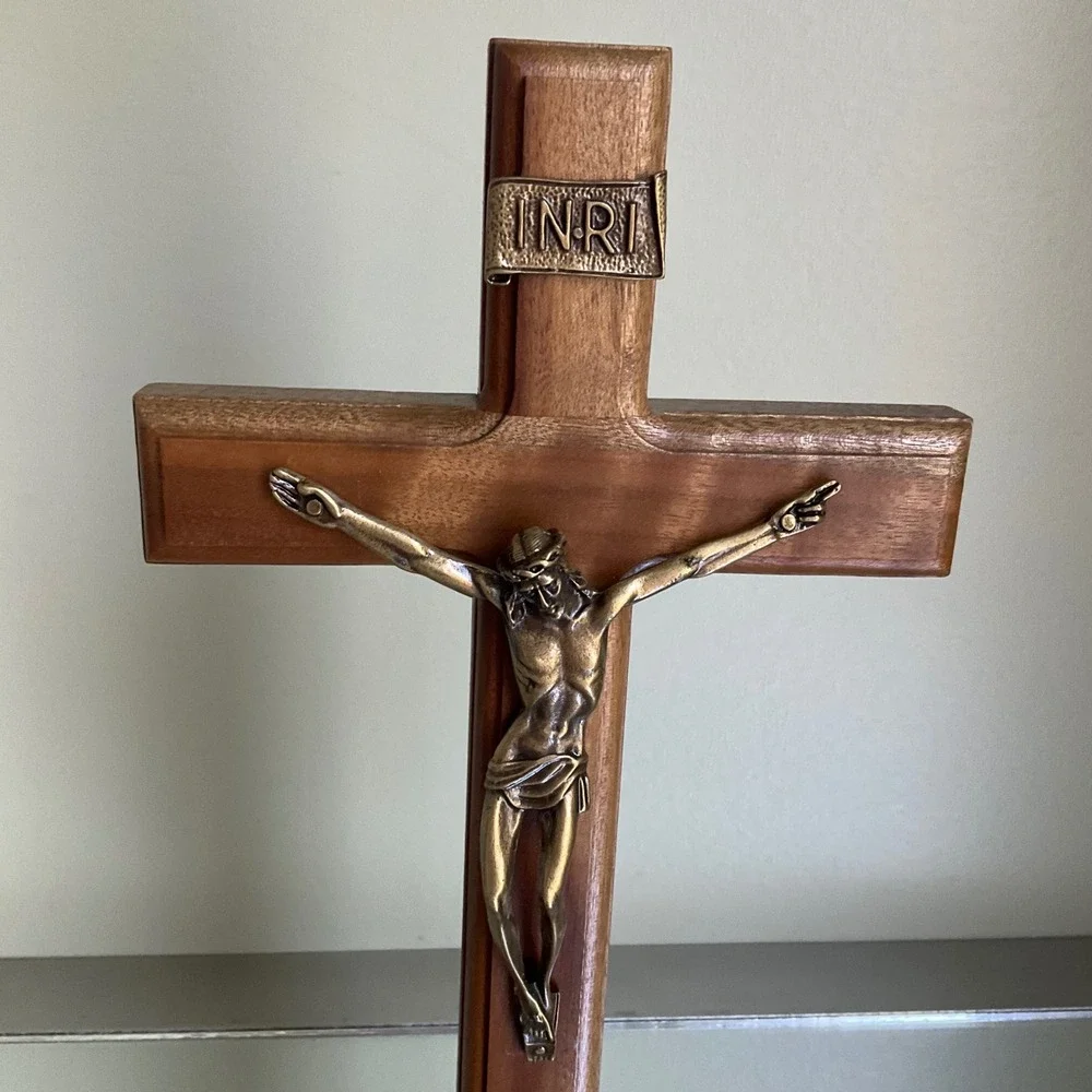 Vintage Wooden Standing Wall Crucifix Brass Corpus INRI Altar Desk Cross 11
